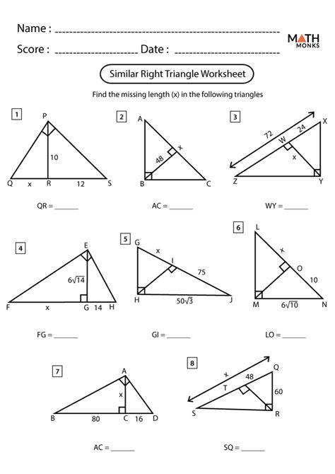 similar right triangles worksheet honors math 2